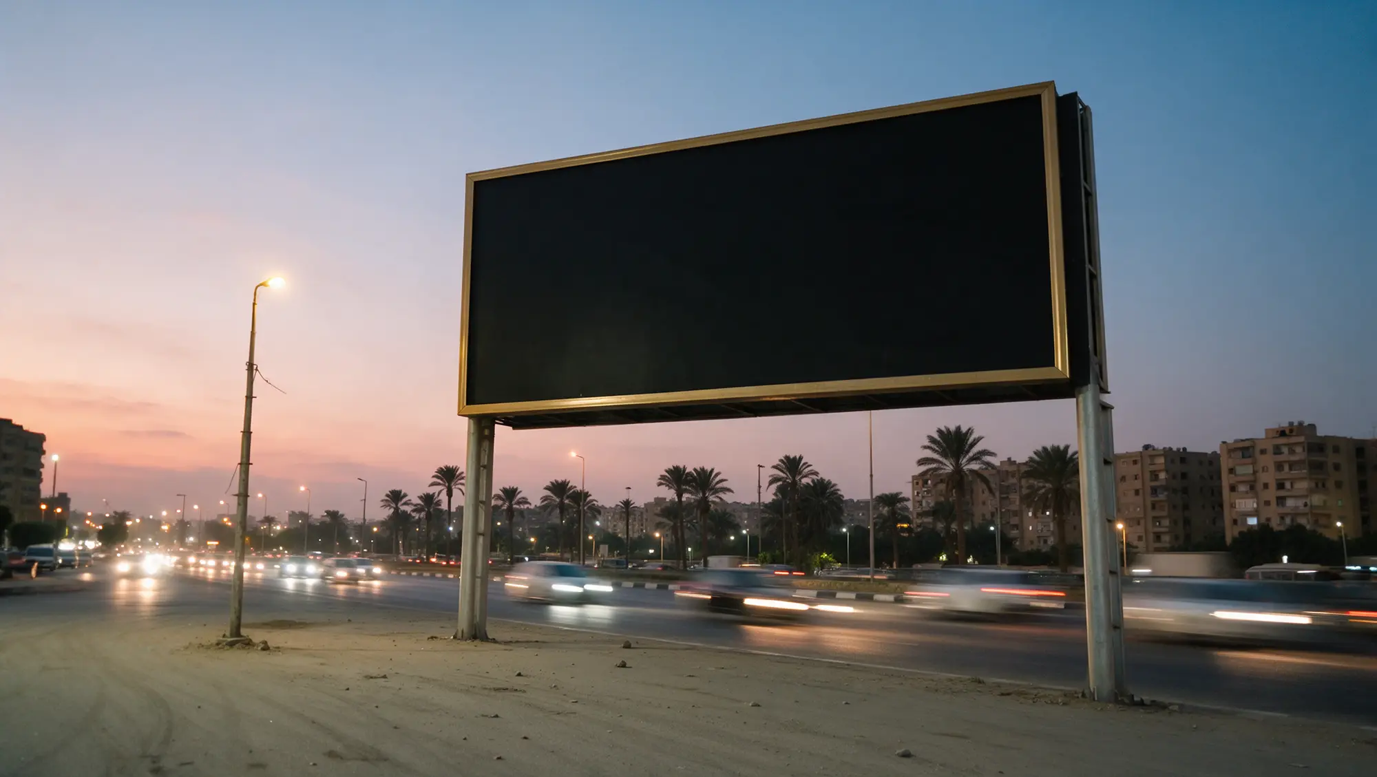 لوحة إعلانية على طريق في القاهرة وقت الغروب
