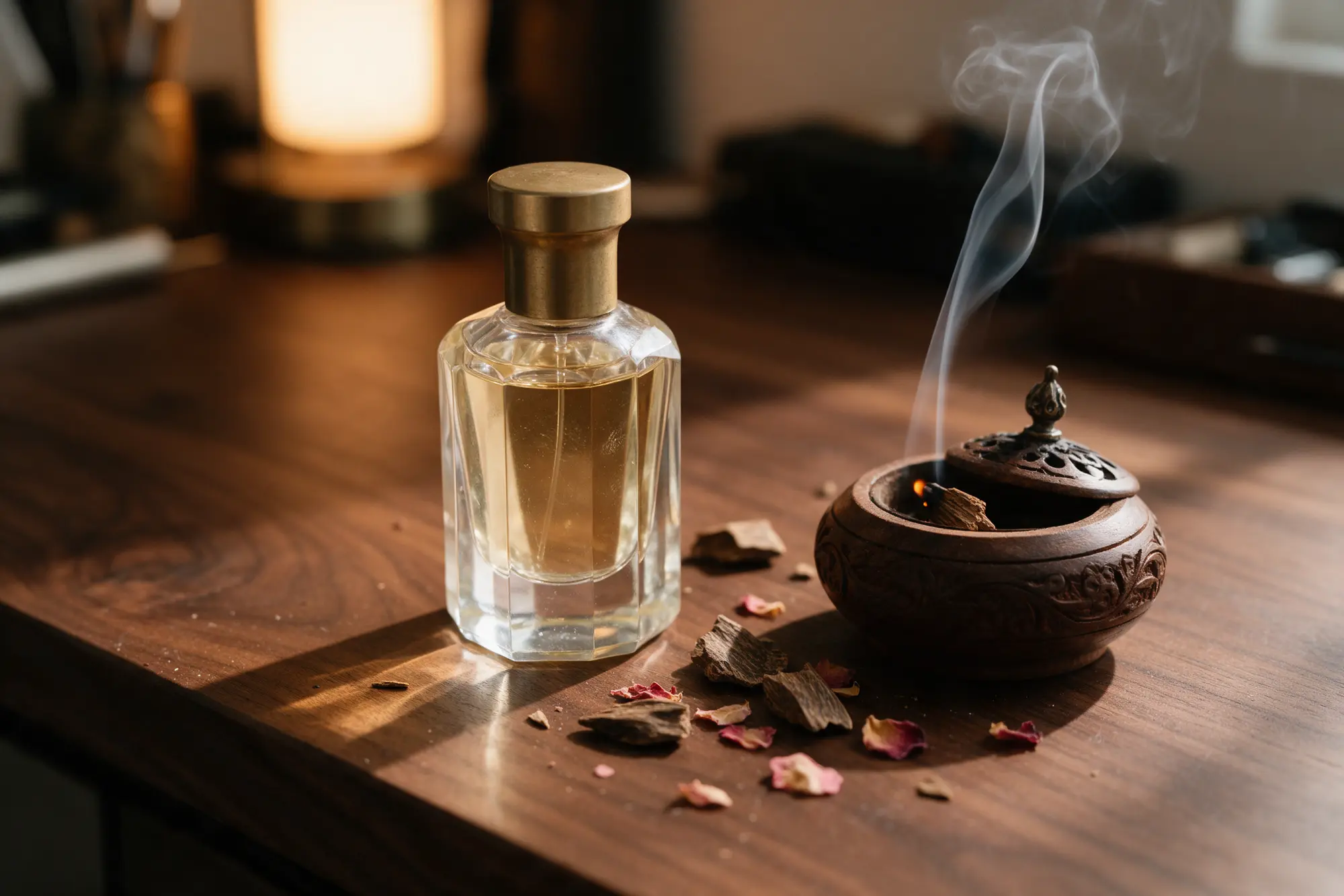 زجاجة عطر ومبخرة عود